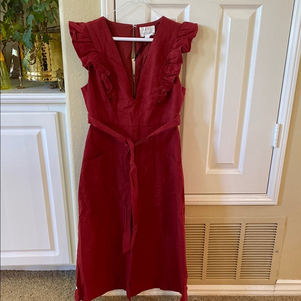 Elegant Red Ruffle Linen midi preppy Dress new w tags